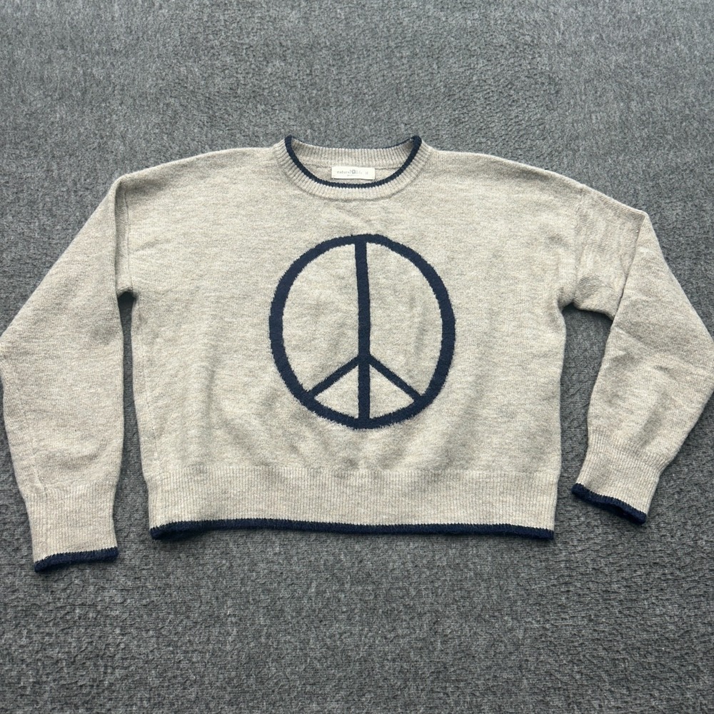 Natural Life Sweater Medium Peace Sign Knit Intarsia Crew Neck Boho Hippie